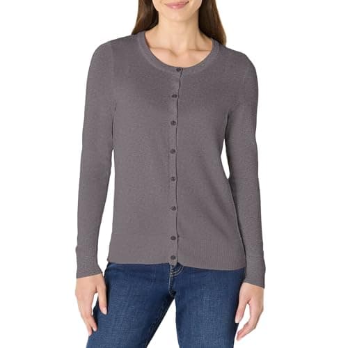 Image of Amazon Essentials Women's Lightweight Crewneck Cardigan Jumper (Available in Plus Size), Charcoal Heather, XS
