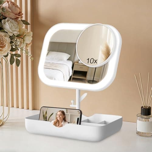 Image of OSDUE Makeup Vanity Mirror with Lights, Rechargeable Makeup Mirror with Detachable 10X Magnifying, 28 Led Lights 360° Rotation 3 Color Lighting Adjustable Touch Screen Portable Cosmetic Mirror(White)