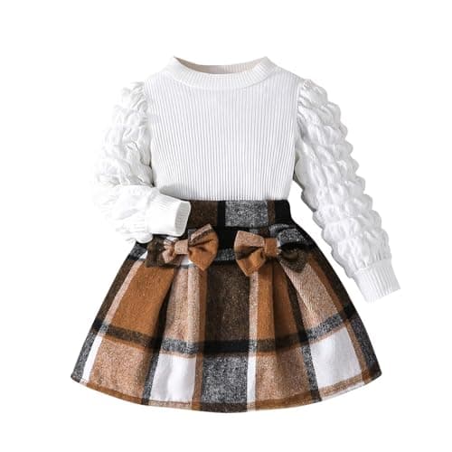 Image of Guoegh Baby Girls Clothes Gingham Outfits Toddler Puff Long Sleeve Knit Ribbed Shirt Tops Plaid Skirt Sets 2Pcs Kids Bow Autumn Winter A-line Dress（Khaki, 3-4 Years