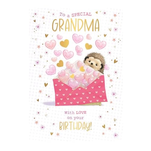 Image of Grandma Birthday Card - Special Grandma - Hedgehog and Love Hearts Design - Special Finish and Illustrated Insert Leaf - Made in the UK - Eco-Friendly