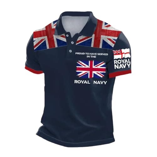 Image of Union Jack Men's Polo Shirt Short Sleeve T-Shirt Breathable Athletic Golf Polos for Mens Running Sports Tee Top Gym Workout Polo Tshirts VE Day Bunting Flags Blouse (Navy,L)