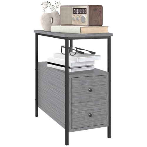 Image of HOMCOM Side Table, Narrow Bedside Table with 2 Drawers and Storage Shelf, Industrial End Table with Metal Frame for Small Spaces, Grey Wood Grain