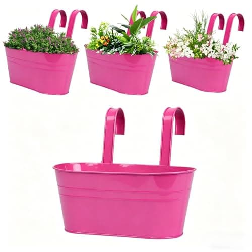 Image of Hanging Flower Pots,Large Plant Pot Hanging Bucket Pots with Detachable Hooks,Hanging Flower Metal Bucket Indoor&Outdoor,Hanging Planters for Balcony Garden Home Decor (Hot Pink, With Hook)