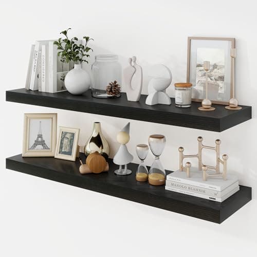 Image of Acovy 90cm Floating Shelves, 23.5cm Deep Floating Shelf Wall Mounted, 90cm Wall Shelves, Rustic Deep Bookshelf, Large Display Shelves & Storage Shelves for Bedroom, Living Room, Black, Set of 2