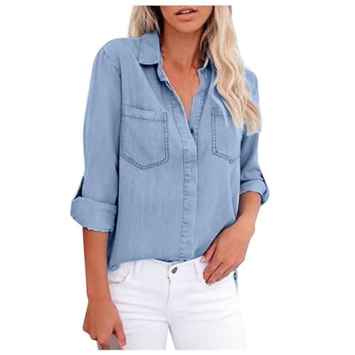 Image of Denim Tops Women Chambray Jean Western Shirts Long Sleeve Button Down Denim Shirts with Pockets Oversized Casual Loose Cowboy Western Top with Tails Blue XL