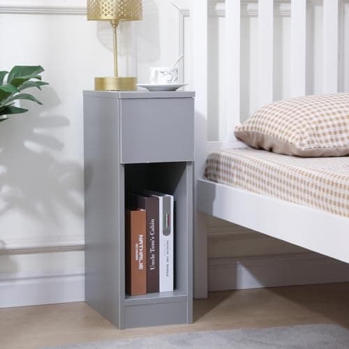 Image of Pantanal 20CM Slim Bedside Table Cabinet Grey with Drawer Shelf, Small Narrow Wood Bed Side Table End Table Nightstand for Bedroom Living Room