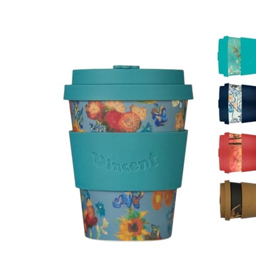 Image of Ecoffee Cup 12oz 350ml Van Gogh Collection Reusable Eco-Friendly 100% Plant Based Coffee Cup with Silicone Lid & Sleeve - Melamine Free Dishwasher/Microwave Safe Travel Mug (Flowers)