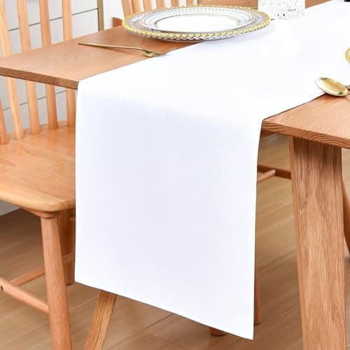 Image of Inmerget Table Runner Solid Polyester 32x92 cm (12x36 inches), Farmhouse Runner for Coffee Table, Dresser, Living Room, Bedroom and Party Decor (White)