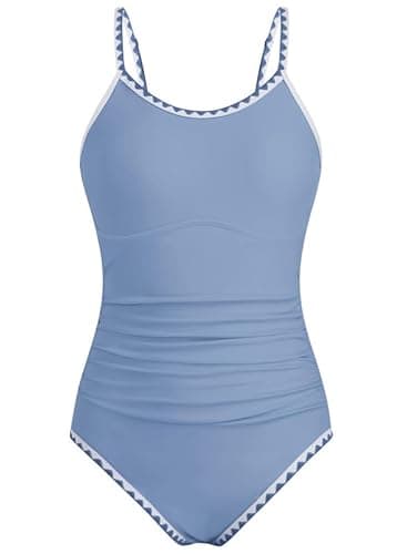Image of XiaoMoSha Swimming Costume Girls One Piece Bathing Suit with Adjustable Straps Color Contrast Trim for Teens Girls, 12-13 Years, Dark Blue
