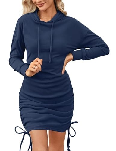 Image of Aottori Women Navy Hoodies Dress Ladies Pullover Long Sleeve Sweatshirt Dresses Casual Solid Ruched Thermal Fleece Hooded Tops Navy L