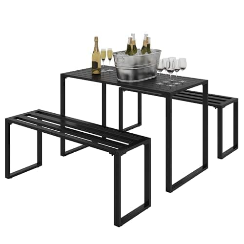 Image of Outsunny Outdoor 3 PCs Metal Picnic Table and 2 Benches Set Dining Trestle Beer Table Patio Garden Furniture Black