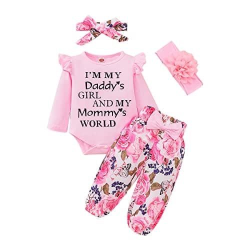 Image of QUNERY Newborn Baby Girl Clothes Daddy's Girls Long Sleeve Tops Floral Pants Sets Infant Girl Fall Outfits Pink 0-3 months