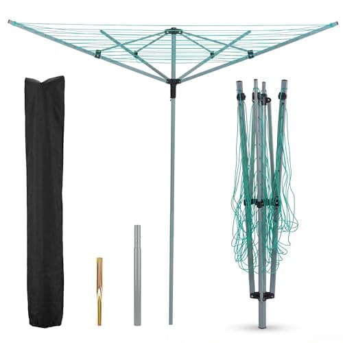 Image of NOVECRAFTO 50m Rotary Washing Line – Easy-Lock System 4-Arm Garden Outdoor Clothes Dryer – Powder-Coated Steel Frame Whirly Airer with UV-Resistant Lines, Metal Ground Spike & Storage Cover