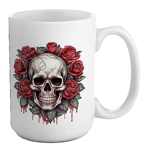 Image of Shopagift Skull Roses Mug Gothic Emo Biker Rock Head White 15oz Large Gift Ceramic Cup