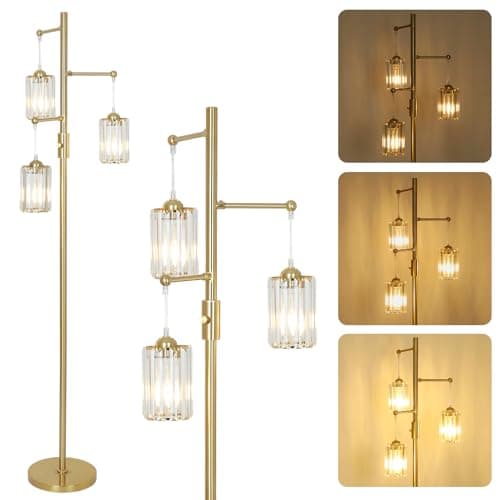 Image of Rayofly Dimmable Floor Lamps for Living Room, 3-Lights Crystal Standing Lamps for Living Room, Gold Floor Lamp with Glass Lampshades, Modern Floor Lamp for Bedroom, Standard Tall Lamps for Office