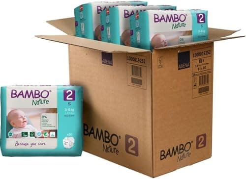 Image of Bambo Nature Premium Eco Nappies, Eco-Labelled Sustainable Nappies, Enhanced Leakage Protection, Secure & Comfortable Baby Nappies, - Size 2 Nappies (7-13lb/3-6kg), Mini, 30 Count ( Pack of 6)