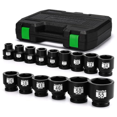 Image of TecoTek 3/4" Drive Shallow 6-Point Impact Socket Set, 15-Piece Heavy Duty Impact Socket Set, CR-MO, Metric (17mm to 55mm), Enhanced Storage Case