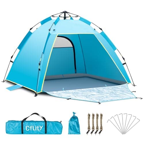 Image of Cflity Pop Up Beach Tent, 1-3 Person Automatic Instant UV 50+ Extra Large Sun Shelter Tent, Lightweight Portable Outdoor Beach Tent with Double Door for Garden, Fishing, Picnic