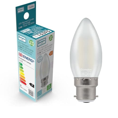 Image of Crompton Lamps Filament Candle LED Light Bulb BC-B22d | 2.5W = 25W Equivalent | Warm White 2700K | Energy Efficient | Bayonet Lightbulb | Long Life 15000-Hrs | Pearl Glass | Dimmable