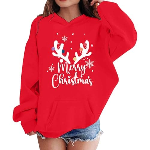 Image of Christmas Hoodie Girls Graphic Hoodies Festive Reindeer Xmas Pullover Teen Girls Fall Winter Long Sleeve Hooded Sweatshirt Casual Soft Oversized Sportswear with Pockets Age 1-14 (Red, 11-12 Years)