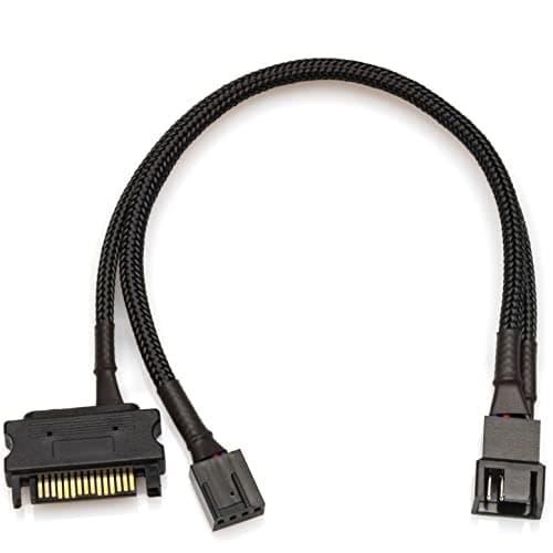 Image of CRJ 15-Pin SATA High Power PC Fan Adapter Cable - 10-inch (25cm), Black Sleeved - High Current 12V Power Adapter from a 15-Pin SATA ATX Connector for 3-Pin & 4-Pin Computer Fans