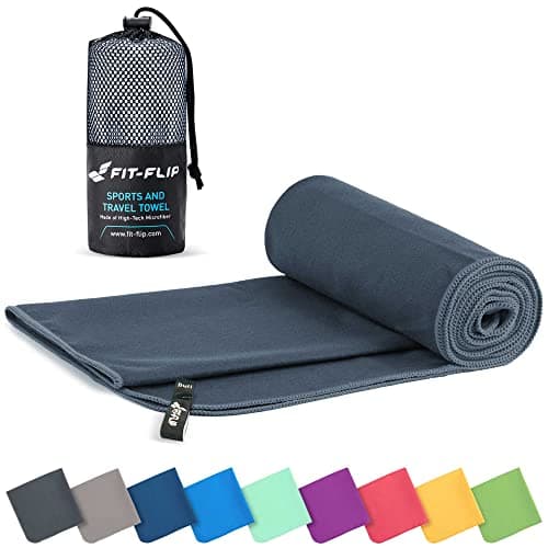 Image of Fit-Flip Microfibre towel - compact, ultra lightweight & quick dry - perfect for gym, travel & beach - swimming towels for sports, camping & hiking (30x50cm dark grey + bag)