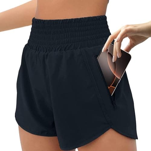 Image of JiaYouLC Womens 2 in 1 Running Shorts with One Side Pockets Double Layer Quick Drying Lightweight Activewear Shorts for Workout Sport Training Jogging Gym (UK, Alpha, L, Regular, Regular, Black)
