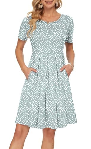 Image of AUSELILY Womens Summer Dress Casual Bodycon Short Sleeve Pleated Loose Swing Casual Dress with Pockets Knee Length Green Horseshoe M