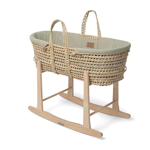 Image of Clair de Lune Organic Palm Moses Basket with Natural Rocking Stand 75 x 28cm Sage Green