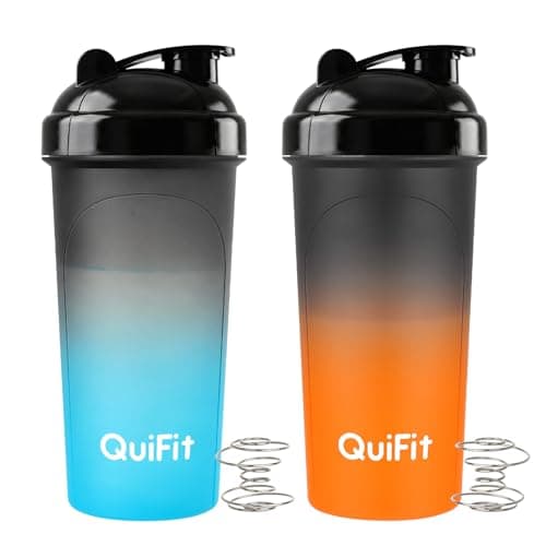 Image of QuiFit Protein Shaker Bottle 2 Pack, 700ML Shaker Water Bottle with Stainless Steel Mixing Ball, Shaker Cup for Supplement Powder Smoothie, Lump-Free BPA Free Dishwasher Safe (BlackOrange+BlackBlue)