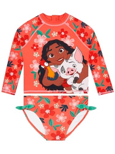 Image of Disney Moana Girls Swimming Costume, Princess Girls Swimsuit, Long Sleeve Moana Costume with Bows, Orange 2-3 Years