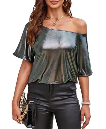 Image of VIDUSSA Women's Shiny Off Shoulder Shirt Metallic Loose Short Sleeve Round Neck Club Blouse Tops Silver Grey L