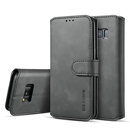 Image of UEEBAI PU Leather Case for Samsung Galaxy S8, Vintage Retro Premium Wallet Flip Cover TPU Inner Shell [Card Slots] [Magnetic Closure] Stand Function Folio Shockproof Full Protection - Black