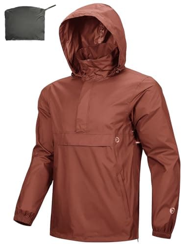Image of Outdoor Ventures Rain Jacket for Men Waterproof Pullover Lightweight Hooded Windbreaker Outdoor Raincoat Packaway Breathable Windproof Shell Jacket for Travelling, Camping Brownish Red L