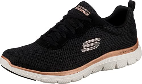 Image of Skechers Women's Flex Appeal 4.0 Brilliant View Sneaker, Black Mesh Rose Gold Trim, 3 UK