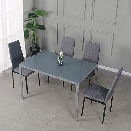 Image of Panana Modern Gorgeous Glass Dinning Table with 4 Linen Grey Dinning Chairs Set (120CM Grey Table with 4 Chairs)