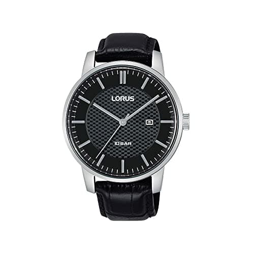 Image of Lorus Mens Silver Dress Watch with Black Leather Strap & Black Dial