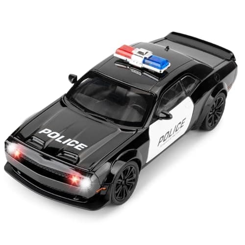 Image of BGHSCA Compatible for Dodge Challenger SRT Hellcat Police Car Model, 1:22 Zinc Alloy Toy Car with Sound and Light, Pull Back Police Vehicle Toy with Racing Stripes for Adult Kids