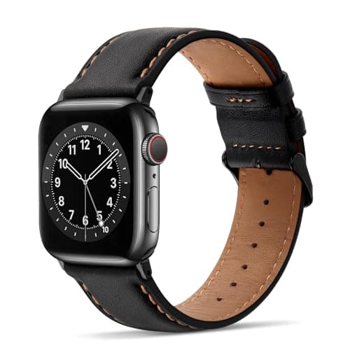Image of Tasikar Compatible with Apple Watch Strap 49mm 46mm 45mm 44mm 42mm Genuine Leather Replacement Bracelet Band Compatible with iWatch Ultra 3 2 1 SE Series 11 10 9 8 7 6 5 4 3, Black