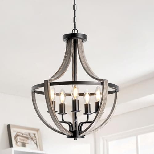 Image of SEEBLEN 5 Light Farmhouse Chandelier Rustic Flush Mount Ceiling Light,Vintage Adjustable Height Hanging Pendant Lighting for Foyer Dining Room Hallway Entryway.Wood Grain Metal Frame.