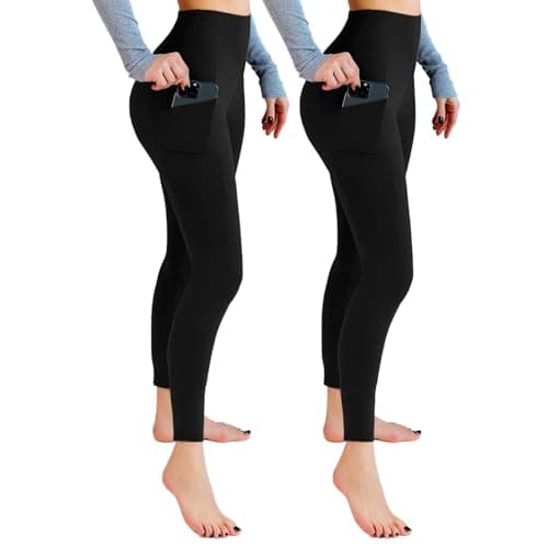 Image of Leafigure 2 Pack Gym Leggings for Women High Waist Opaque Leggings with Pockets for Workout Sport Yoga Running Black LXL