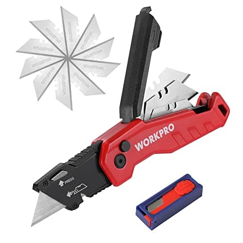 Image of WORKPRO Folding Utility Knife, Aluminum Box Cutter with Quick-Change Blade and Belt Clip, Blade Storage, Safety-Lock Design, Includes 13 Blades, Red