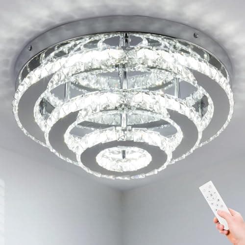 Image of YPQXYHDA 13.8 Inch Modern Crystal LED Chandelier Triple Layered Round Flush Mount Ceiling Light Energy Saving Indoor Lighting for Living Room Bedroom Kitchen (Dimmable with Remote)