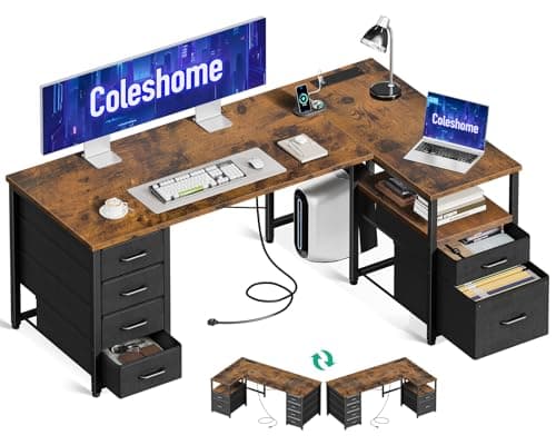 Image of Coleshome Computer Corner Desk with Drawers, 140×80 cm L Shaped Office Desk with Power Outlet, Reversible Study PC Table with Storage for Bedroom, Vintage Brown