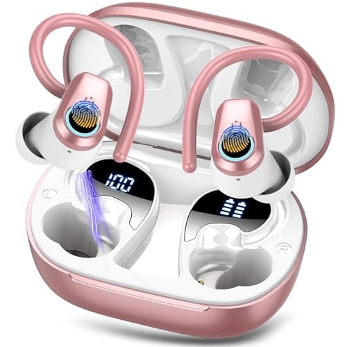 Image of Wireless Earbuds, Bluetooth 5.3 Headphones with 4 ENC Noise Canceling Mic, 50H Stereo Dual LED Display Ear Buds, Sport Bluetooth Earphones with Earhooks, IP7 Waterproof Wireless Headphones, Rose Gold