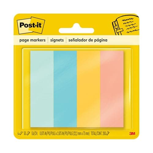 Image of Post-it Page Markers, Assorted Colors, 1 in x 3 in, 50 Sheets/Pad, 4 Pads/Pack (671-4AF)