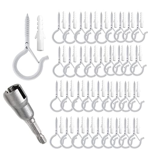 Image of TAIHUIMY Screw Hooks Q-Hanger for Outdoor String Lights, Christmas Rope Lights Clips, Wall Cabinet Ceiling Eye Hook with Safety Buckle for Wire Party Light Plants Wind Chimes (White(40Pcs))