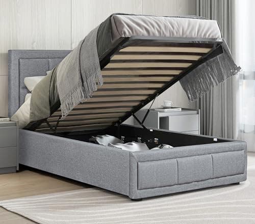 Image of Grey Linen Upholstered Ottoman Bed, Single Bed Frame UKFR Ottoman Storage Bed With Gas Lift End Opening Wooden Slats With Storage Bed (3ft Single 90 x 190, No Mattress)