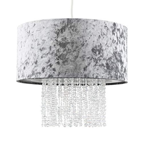 Image of MiniSun | Modern Silver Grey Velvet Ceiling Light Shade with Clear Acrylic Droplets | Pendant Lights, Home Décor & Improvement Essential | 33cm Shade Width