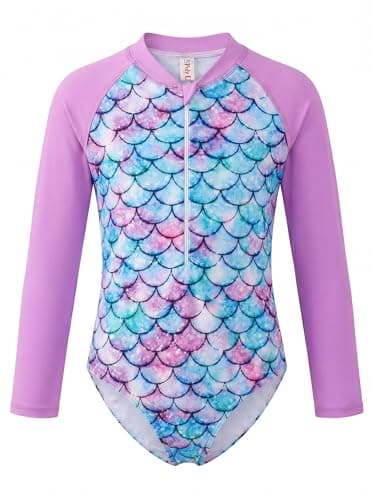 Image of JiAmy Girls Long Sleeve Swimming Costume Sun Protection One Piece Girls Swimsuit Round Neck Zipper Kids Bathing Rashguard for 3-4 Years, Purple-Mermaid